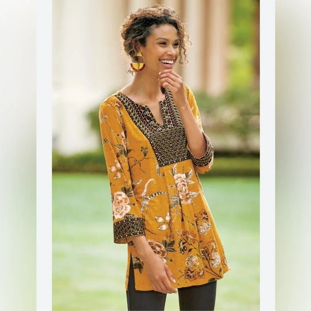 Soft Surroundings Sz M Saffron Tunic Floral Embroidered Sleeve Boho Asian